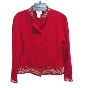 Talbots Vintage Womens Embroidered Sequin Beaded 100% Wool Blazer Jacket Red Lar